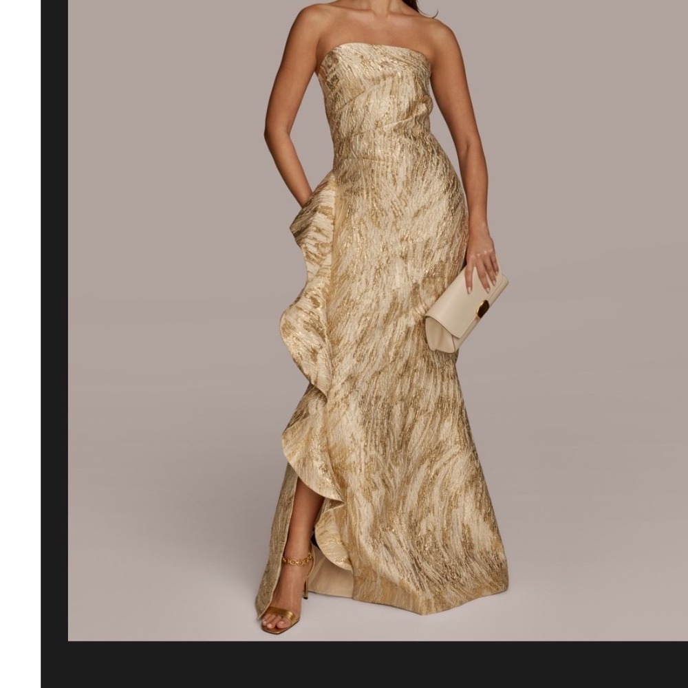 Donna Karan Gown Womens 4 Gold Strapless Metallic Ruffle Slit Formal NWT $349